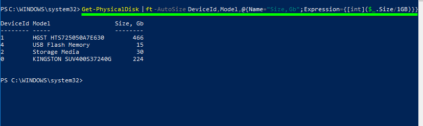 powershell disk size in gb round